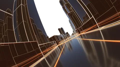 Abstract 3D city with luminous lines and black mirror buildings Ilustración de archivo