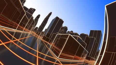 Abstract 3D city with luminous lines and black mirror buildings Ilustración de archivo