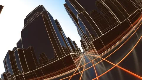 Abstract 3D city with luminous lines and black mirror buildings Ilustración de archivo