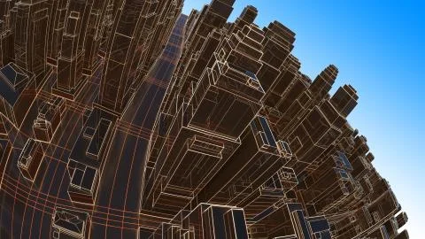 Abstract 3D city with luminous lines and black mirror buildings Ilustración de archivo