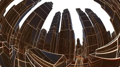 Abstract 3D city with luminous lines and black mirror buildings Ilustración de archivo