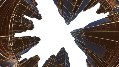 Abstract 3D city with luminous lines and black mirror buildings Ilustración de archivo