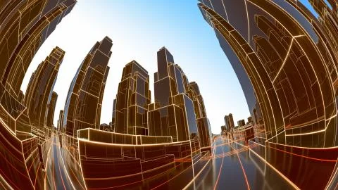 Abstract 3D city with luminous lines and black mirror buildings Ilustración de archivo