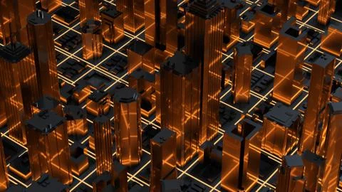 Abstract 3d city rendering with glow lines road and digital elements. Digital Illustrazione stock