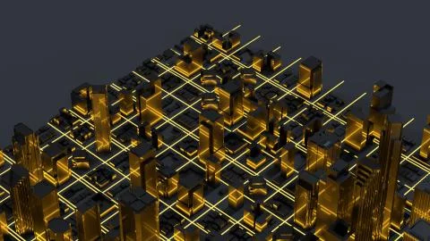 Abstract 3d city rendering with glow lines road and digital elements. Digital Stock Illustration