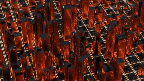 Abstract 3d city rendering with glow lines road and digital elements. Digital 库存插图