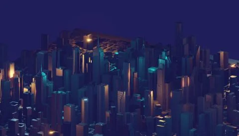 Abstract 3d city rendering with lines and digital elements. Digital skyscrapers Illustrazione stock