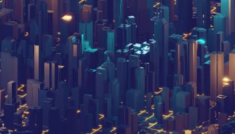 Abstract 3d city rendering with lines and digital elements. Digital skyscrapers Illustrazione stock