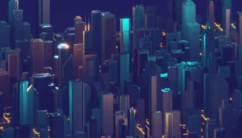 Abstract 3d city rendering with lines and digital elements. Digital skyscrapers 库存插图