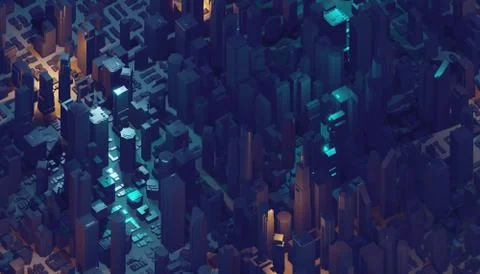 Abstract 3d city rendering with lines and digital elements. Digital skyscrapers Stock Illustration