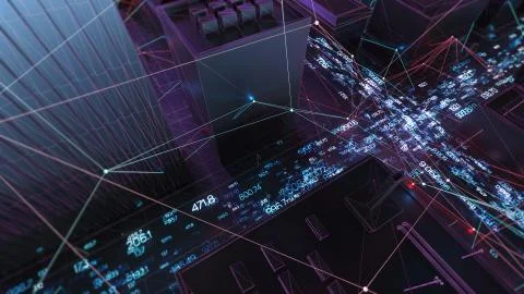 Abstract 3d city rendering with lines and digital elements. Skyscrappers with 스톡 일러스트