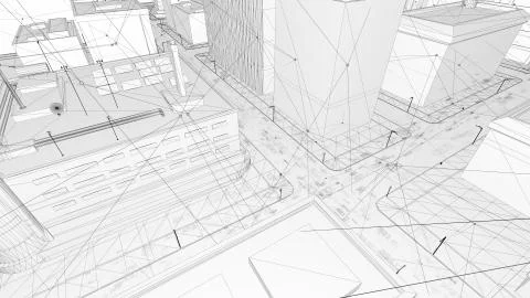 Abstract 3d city rendering with lines and digital elements. Skyscrappers with Stock Illustration