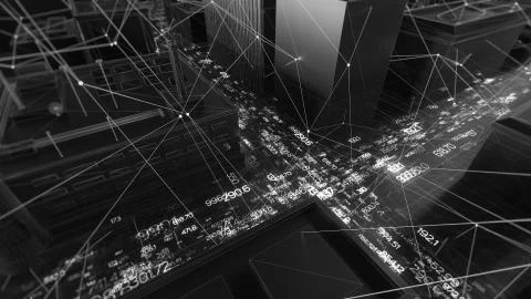 Abstract 3d city rendering with lines and digital elements. Skyscrappers with Stock Illustration