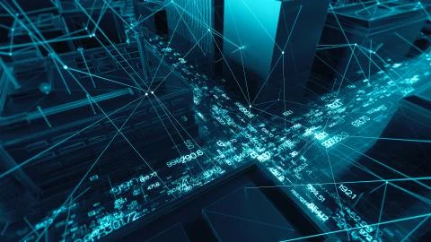 Abstract 3d city rendering with lines and digital elements. Digital skyscrapp Stock Illustration