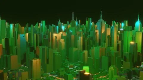 Abstract 3d city rendering with lines and digital elements. Digital skyscrapers Stock Illustration