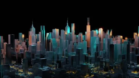 Abstract 3d city rendering with lines and digital elements. Digital skyscrapers Stock Illustration