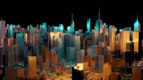 Abstract 3d city rendering with lines and digital elements. Digital skyscrapers 스톡 일러스트