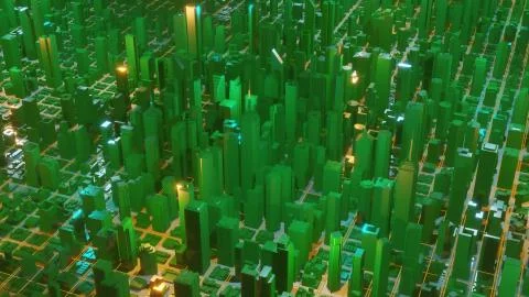 Abstract 3d city rendering with lines and digital elements. Digital skyscrapers 库存插图