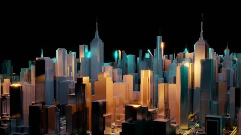Abstract 3d city rendering with lines and digital elements. Digital skyscrapers 库存插图