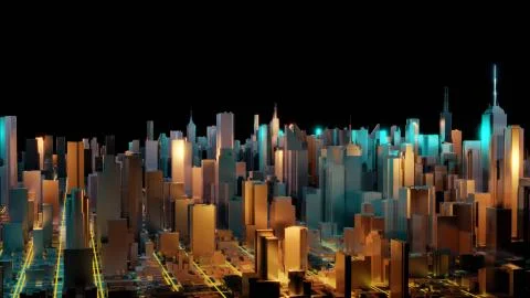 Abstract 3d city rendering with lines and digital elements. Digital skyscrapers 스톡 일러스트