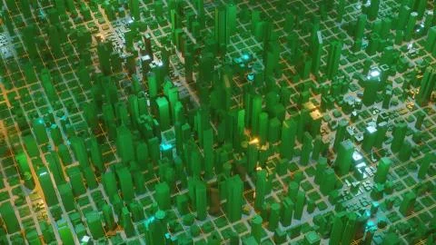 Abstract 3d city rendering with lines and digital elements. Digital skyscrapers Stock Illustration