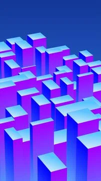 Abstract 3D cityscape made of blue and purple blocks forming geometric futuri Stock Illustration
