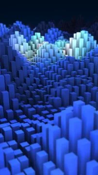 Abstract 3D cityscape made of glowing blue blocks, symbolizing digital techno Stock Illustration