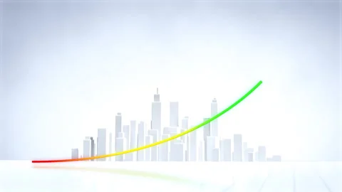 Abstract 3D Cityscape with Rising Arrow and Animated Growth Graph Stock Footage 336947564