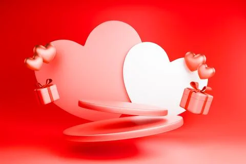 Abstract 3D clouds and red hearts with gift boxes on a vibrant red background イラスト素材
