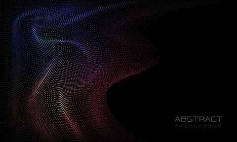Abstract 3D color dots wave curve motion light on black with blank space Stock Illustration