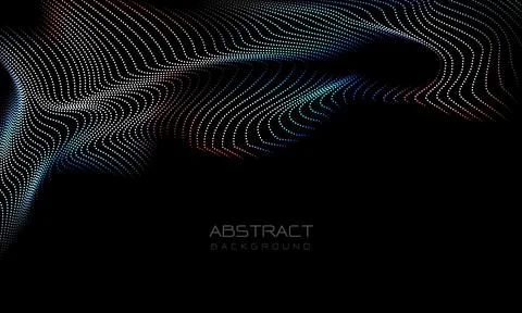 Abstract 3D color dots wave curve motion light on black with blank space Stock Illustration