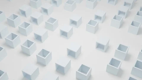 Abstract 3D Composition of Hollow Blue Geometric Cubes Floating on Clean White Stock Footage 337303108