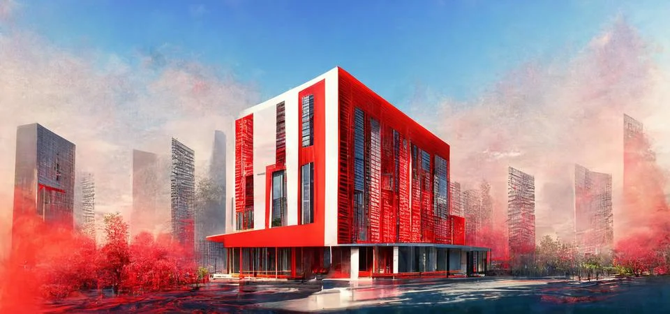 Abstract 3D constructions on red and haze Futuristic. Stock Illustration
