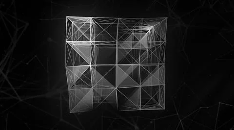 Abstract 3d cube of plexus matter on a blue background. Motion. Transforming Stock Illustration