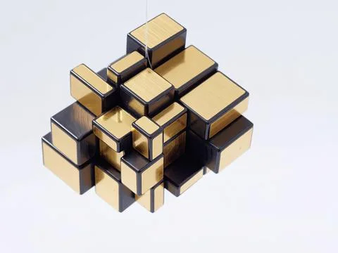 Abstract 3d cubes with black and gold colors on white Stock Photos