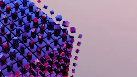 Abstract 3D cubes disintegrating against a blue background.. Illustrazione stock