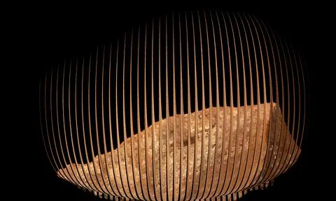 Abstract 3D curved vertical lines cage with textured rock inside on black b.. Stock Photos