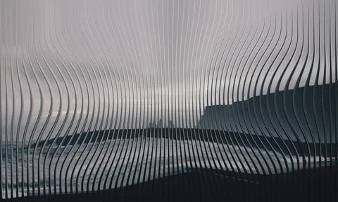 Abstract 3D curved vertical slats with Icelandic black sand beach view Stock Photos