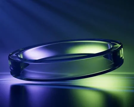 Abstract 3d dark blue background with glass transparent circle and green Illustrazione stock