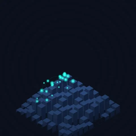 Abstract 3D Data Blocks with Glowing Blue Particles in Dark Futuristic Grid Stock Footage 346282484