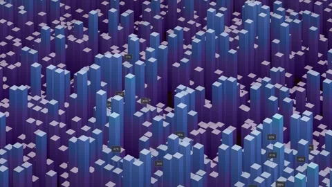 Abstract 3D data visualization displays fluctuating bar graphs and percentage Stock Footage 345375016