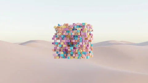 Abstract 3D Desert Landscape Composition of Multicolored Geometric Elements Stock Footage 335959541