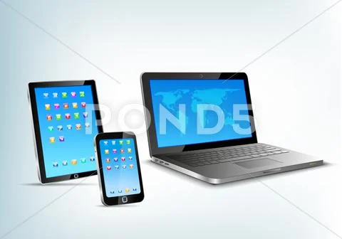 Abstract 3d devices: tablet pc, laptop, smartphone vector perspective view. Stock Illustration