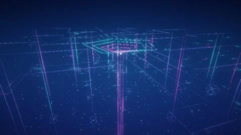 Abstract 3d digital grid with glowing neon lines and floating particles Stock Footage 347332594