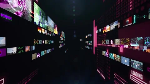 Abstract 3D digital media tunnel streaming video aniamtion of thumbnails in  Video stock 340190950