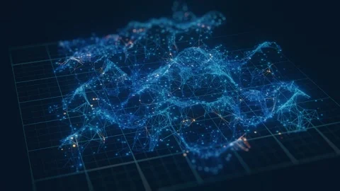 Abstract 3D digital network map with glowing blue polygon mesh Видео 332703717