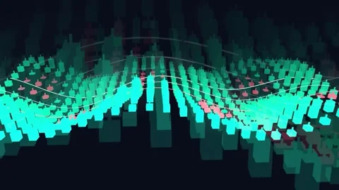 Abstract 3D Digital Wave of Cyan and Red Data Blocks Moving in Dark Space Stock Footage 343446889