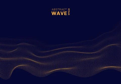 Abstract 3D dynamic particles glowing dots wave on dark background. Big data Stock Illustration