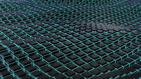 Abstract 3D field of moving waves made of black cubes and hi-tech blue lines Stock Footage 254078894