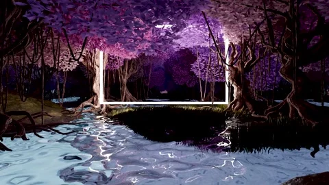 Abstract 3D forest with rectangle neon, Sci Fi Futuristic trees, glowing frame, Stock Footage 256561829